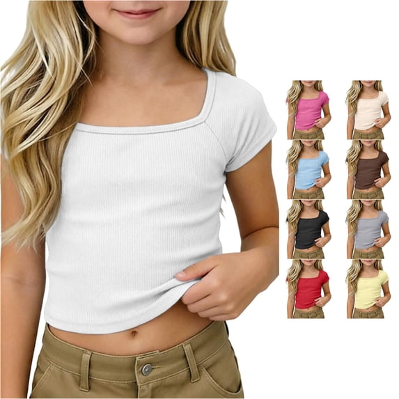 RUTAYY Girls T-Shirt Square Neck Short Sleeve Solid Color Basic Kids Layering Tops White