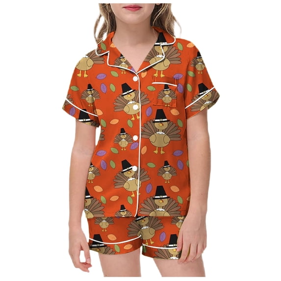 RUTAYY Girls Thanksgiving Pajama Set Turkey Pumpkin Design Short Sleeve Top Shorts Kids Festive Sleep Outfit, Orange