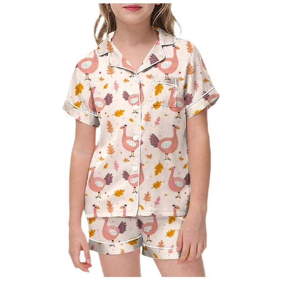 RUTAYY Girls Thanksgiving Pajama Set Turkey Pumpkin Design Short Sleeve Top Shorts Kids Festive Sleep Outfit, Pink