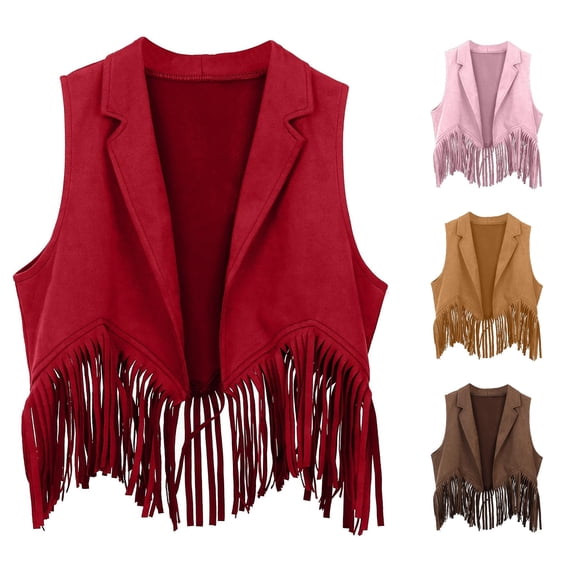 RUTAYY Girls Vest Turndown Collar Sleeveless Open Front Bottom Solid Color Kids Outerwear Red