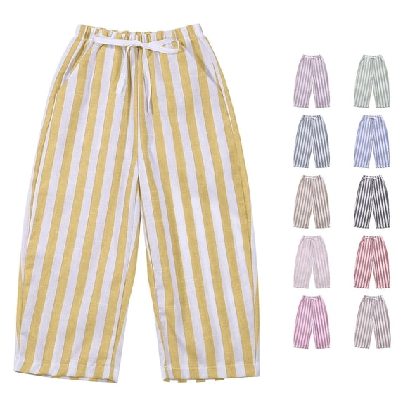 RUTAYY Girls Wide Leg Capri Pants Vertical Stripe Print Elastic Drawstring Waist Side Pockets Casual Summer Bottoms Yellow