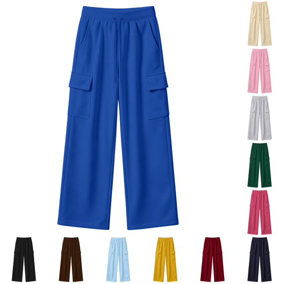RUTAYY Girls Wide Leg Cargo Pants Elastic Waist Drawstring Side Pockets Trousers Trendy Relaxed Outdoor Wear Blue