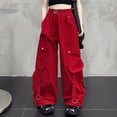 thumbnail image 1 of RUTAYY Girls Wide Leg Cargo Pants Elastic Waist Drawstring with Pockets Strap Decor Trousers Outdoor Casual Wear Red, 1 of 5
