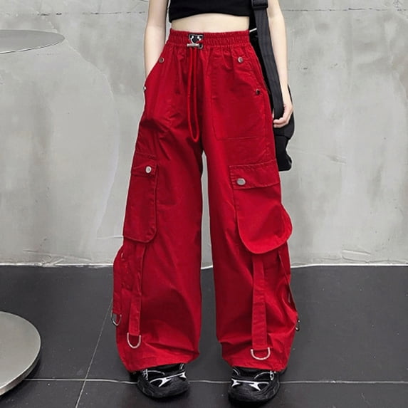 RUTAYY Girls Wide Leg Cargo Pants Elastic Waist Drawstring with Pockets Strap Decor Trousers Outdoor Casual Wear Red