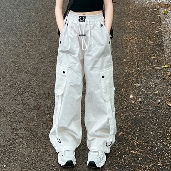 RUTAYY Girls Wide Leg Cargo Pants Elastic Waist Drawstring with Pockets Strap Decor Trousers Outdoor Casual Wear White