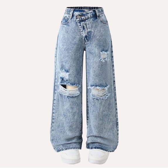 RUTAYY Girls Wide Leg Jeans Asymmetrical Waist Ripped Distressed Detail Denim Pants Comfortable Everyday Wear Blue