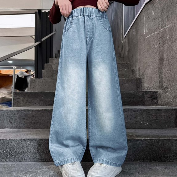 RUTAYY Girls Wide Leg Jeans Elastic Waist Casual Denim Pants with Pockets Daily Stylish Trendy Bottoms Blue
