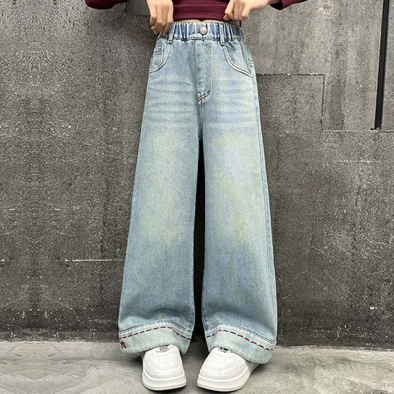 RUTAYY Girls Wide Leg Jeans Elastic Waist Hem Stitch Detail Trousers with Pockets Casual Holiday Wear Sky Blue