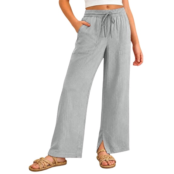 RUTAYY Girls Wide Leg Pants Drawstring Elastic Waist Side Pockets Casual Loose Long Trousers Daily Outing Wear Grey