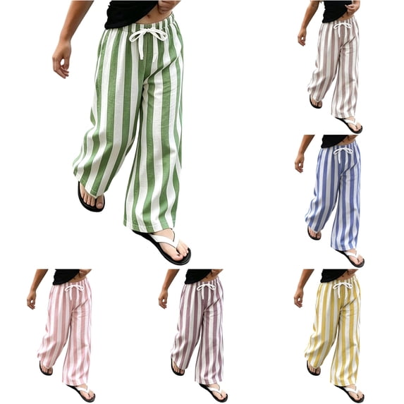 RUTAYY Girls Wide Leg Pants Stripe Print Elastic Waist Drawstring Pockets Trousers Lightweight Casual Wear Green