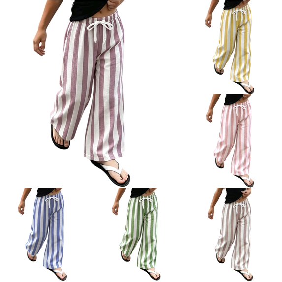 RUTAYY Girls Wide Leg Pants Stripe Print Elastic Waist Drawstring Pockets Trousers Lightweight Casual Wear Light Purple