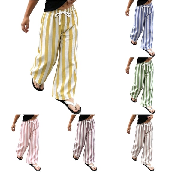 RUTAYY Girls Wide Leg Pants Stripe Print Elastic Waist Drawstring Pockets Trousers Lightweight Casual Wear Yellow