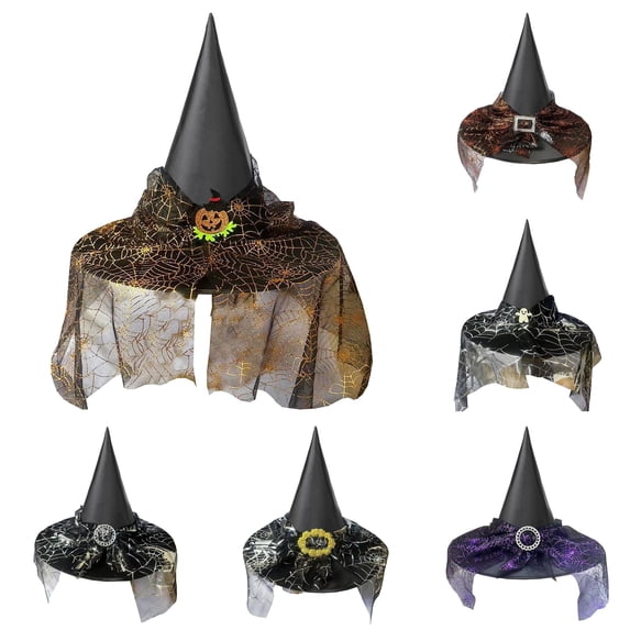 RUTAYY Girls Witch Hat Spider Web Mesh Veil Decor Pointed Top Wide Brim Halloween Party Hats Gold