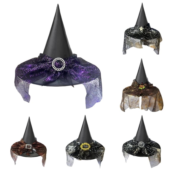 RUTAYY Girls Witch Hat Spider Web Mesh Veil Decor Pointed Top Wide Brim Halloween Party Hats Purple