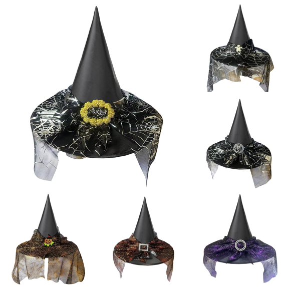 RUTAYY Girls Witch Hat Spider Web Mesh Veil Decor Pointed Top Wide Brim Halloween Party Hats Yellow