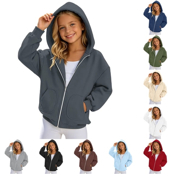 RUTAYY Girls Zip Up Hoodie, Basic Solid Color Full Zip Long Sleeve Sweatshirt Casual Fall Jacket with Double Side Pockets for Kids