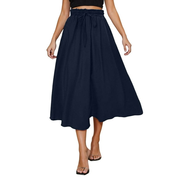 RUTAYY High Waist A-Line Skirt Bow Linen Flared Beach Long Skirts For Women With Pockets Solid Color Casual Travel Skirts
