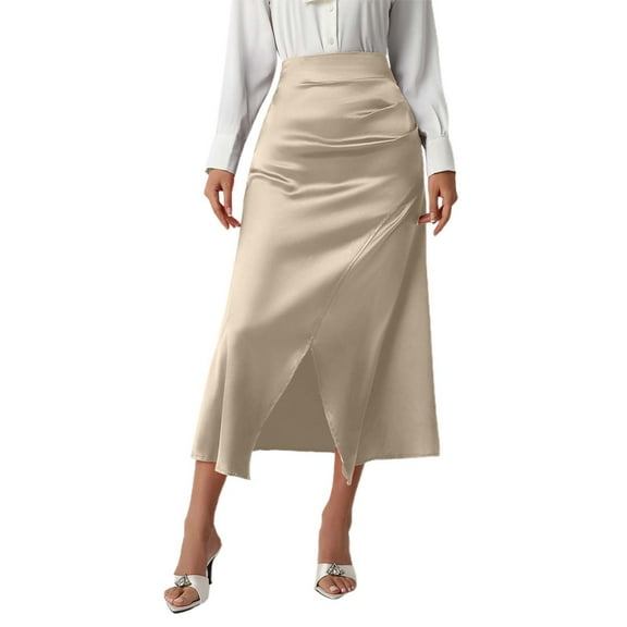 RUTAYY High Waist Split Satin Pleated Solid Color Bodycon Skirt For Women Casual Travel Skirts