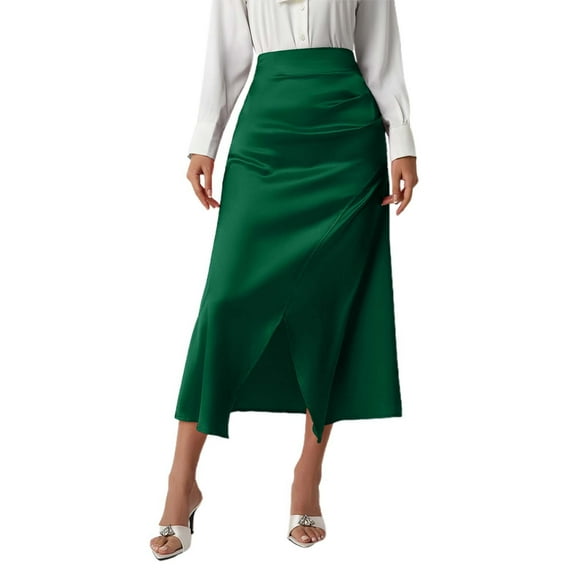 RUTAYY High Waist Split Satin Pleated Solid Color Bodycon Skirt For Women Flowy Swing Skirts