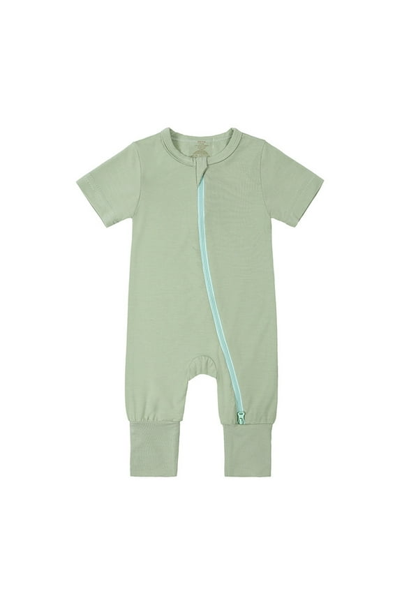 Boys Girls Jumpsuit Baby Rompers Footless Pajamas Zipper Short Sleeve Sleeper Jumpsuit Classic Style, Light Green, 3-6 Months