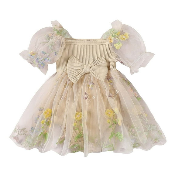 RUTAYY Infant Girls Dress Fairy Princess Jumpsuit With Floral Embroidery Mesh Patchwork Holiday Vacation Beach, Beige, 3-6 Months