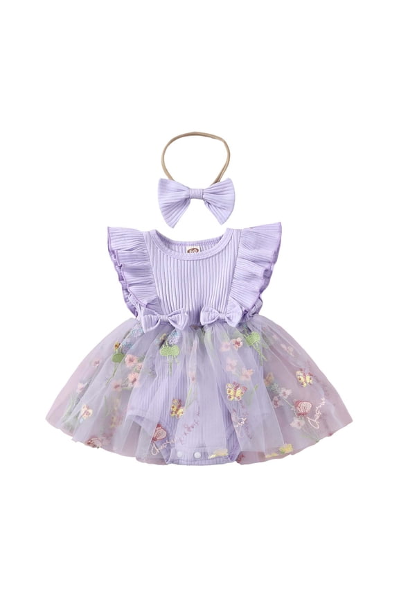 Infant Girls Dresses Embroidered Floral Romper & Skirt Set With Matching Headband Soft Crawler Outfit Simple Elegant Clothing, Purple, 6-12 Months