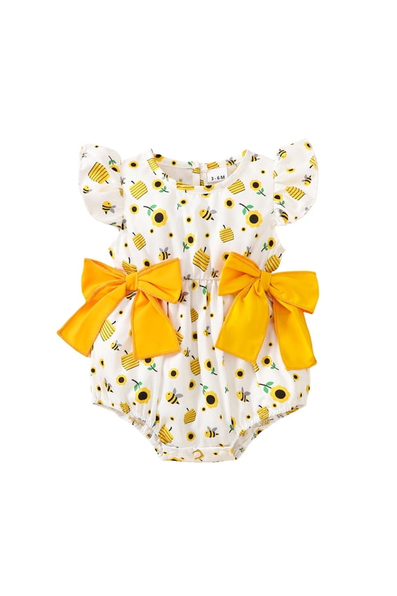 Girls Jumpsuit Fly Sleeve Bow Cartoon Bee Prints Romper Bodysuits Simple Elegant Onesie, Yellow, 3-6 Months