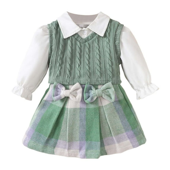 RUTAYY Infant Girls Outfit Sets Casual Daily Wear Vest Sweater Solid Color Shirt Plaid Skirt 3-Pack Suit Fall Winter Fun & Vibrant Designs