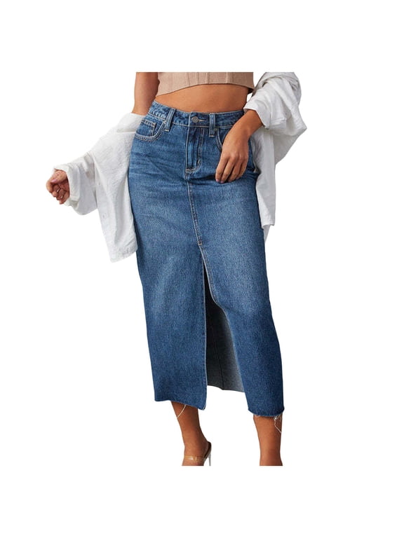 Jean Skirt For Women Denim Skirt With Pockets Mid High Waist Stretchy Bodycon Midi Skirts Solid Color Flowy Swing Pleated Beach Skirts