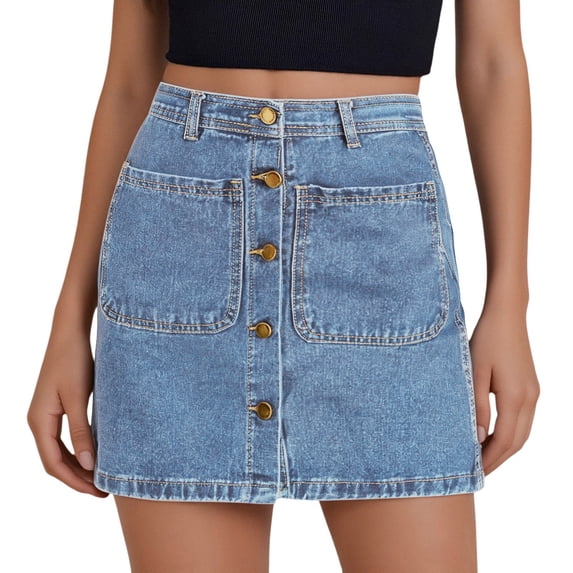 RUTAYY Jean Skirts For Women Denim High Waisted Trendy Stretchy Mini Button Front Short Pencil Skirt With Patch Pockets Solid Color Smocked Boho Pleated Skirts