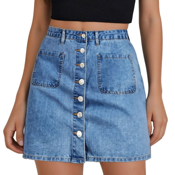RUTAYY Jean Skirts For Women Denim High Waisted Trendy Stretchy Mini Button Front Short Pencil Skirt With Patch Pockets Solid Color Smocked Boho Pleated Skirts
