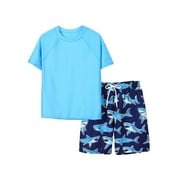 RUTAYY Kids Boys Swimsuits Shrk Print 2 Piece Set Quck Dry Short Sleeve Rash Guard Board Shorts With Upf50+ Sun Protection Beach Hawaii Swim&nbsp;, Blue, 13-14 Years