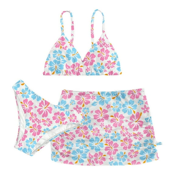 RUTAYY Kids Child Girls 3PCS Swimsuits Bathing Suit Flower Print Bikini Tops Underpants Ruffles Skirt Summer Swimwear Set Outfits Beach Vacation Hawaii Beachwear, 14-15 Years