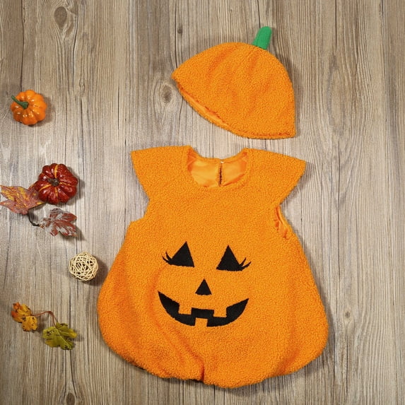 RUTAYY Kids Unisex Halloween Pumpkin 2 Piece Outfit Sleeveless Romper Matching Pumpkin Hat Set Orange