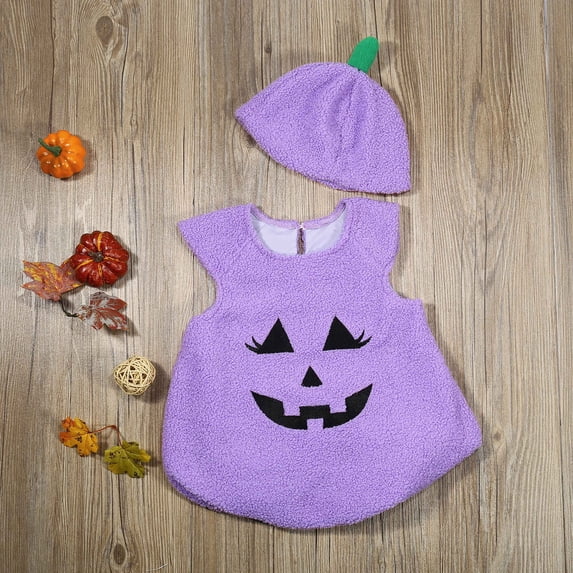 RUTAYY Kids Unisex Halloween Pumpkin 2 Piece Outfit Sleeveless Romper Matching Pumpkin Hat Set Purple