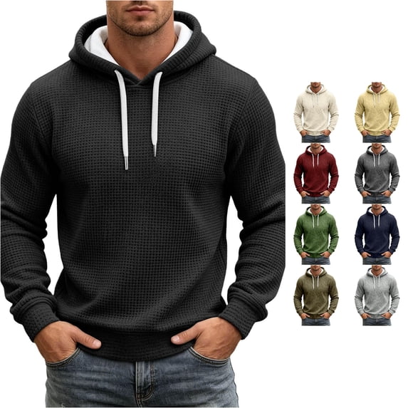 RUTAYY Men's Basic Hoodie Long Sleeve Drawstring Waffle Knit Relax Fit Everyday Pullover Sweatshirt Black