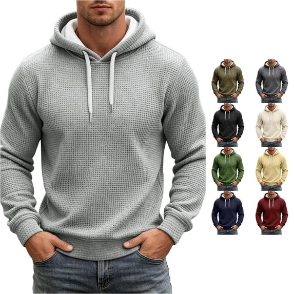 RUTAYY Men's Basic Hoodie Long Sleeve Drawstring Waffle Knit Relax Fit Everyday Pullover Sweatshirt Light Gray