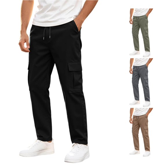 RUTAYY Men's Cargo Pants Drawstring Waist Side Pockets Multi Pocket Outdoor Casual Trousers Black