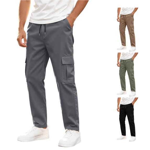 RUTAYY Men's Cargo Pants Drawstring Waist Side Pockets Multi Pocket Outdoor Casual Trousers Grey