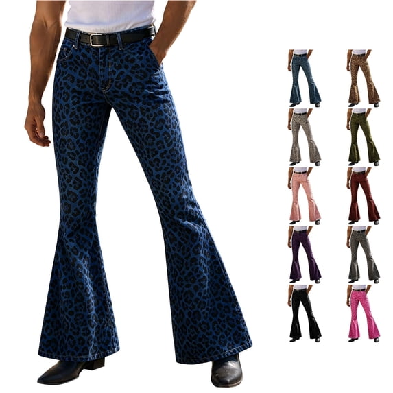 RUTAYY Men's Casual Pants Leopard Print Button Closure Front Multi Side Pockets Flared Full Length Daily Trousers Dark Blue