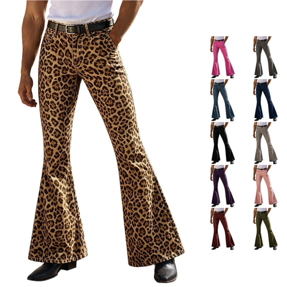 RUTAYY Men's Casual Pants Leopard Print Button Closure Front Multi Side Pockets Flared Full Length Daily Trousers Gold