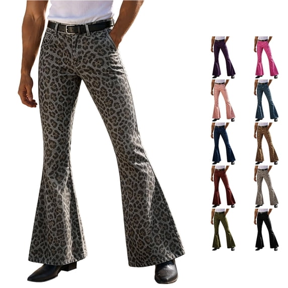 RUTAYY Men's Casual Pants Leopard Print Button Closure Front Multi Side Pockets Flared Full Length Daily Trousers Grey