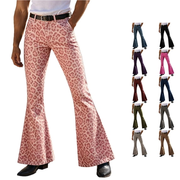 RUTAYY Men's Casual Pants Leopard Print Button Closure Front Multi Side Pockets Flared Full Length Daily Trousers Light Pink