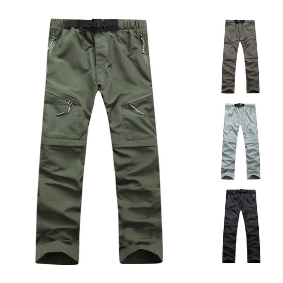 RUTAYY Men's Convertible Cargo Pants Solid Color Multi Zipper Pockets Belted Waist Outdoor Hiking Trousers Green