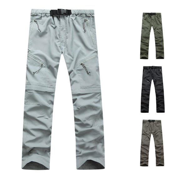 RUTAYY Men's Convertible Cargo Pants Solid Color Multi Zipper Pockets Belted Waist Outdoor Hiking Trousers Grey