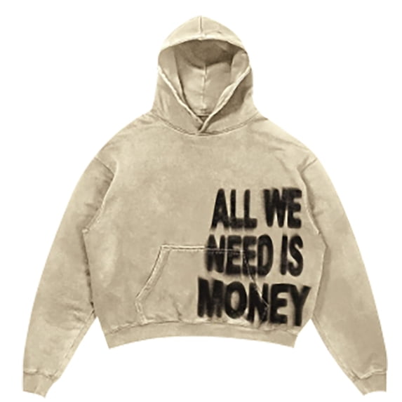 RUTAYY Men's Cropped Hoodie Long Sleeve Front Pocket Letter Slogan Front Print Pullover Sweatshirt Beige