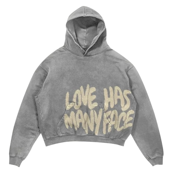 RUTAYY Men's Cropped Hoodie Long Sleeve Front Pocket Letter Slogan Front Print Pullover Sweatshirt Grey