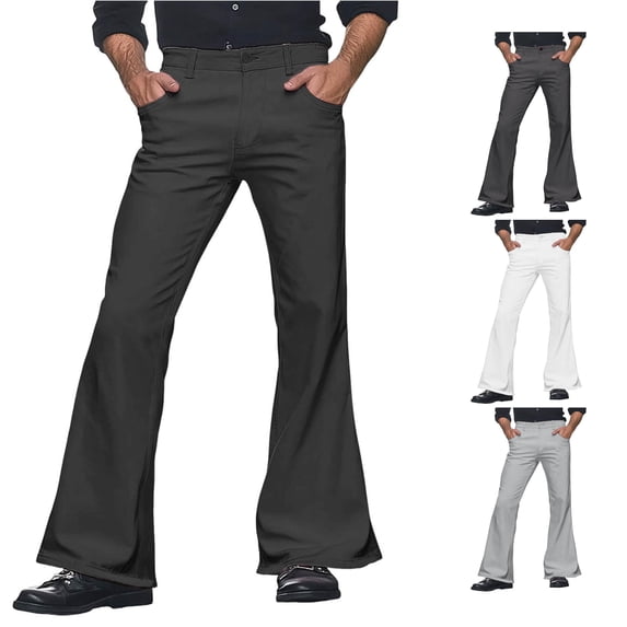 RUTAYY Men's Flare Pants Solid Color Button Front Side Pockets Stretch Casual Trousers Black