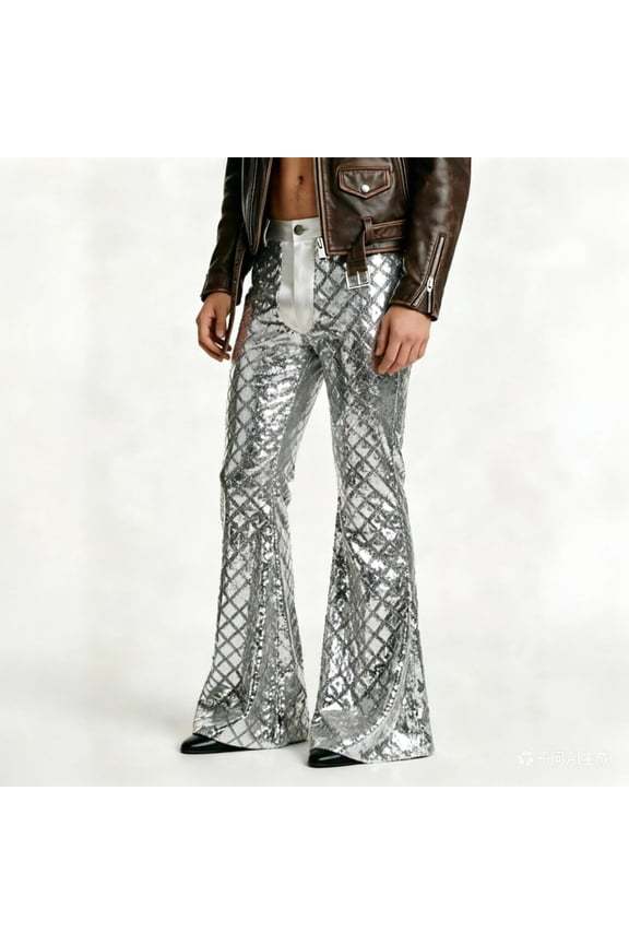 Men's Flared Dress Pants All Over Diamond Sequin Pattern Button Fly High Waist Party Disco Stage Trousers Silver