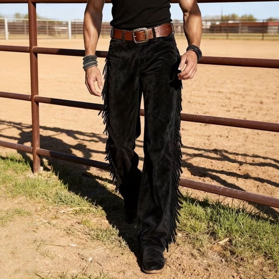 RUTAYY Men's Flared Pants Solid Color Side Fringe Button Fly Multi Pocket Casual Trousers Black